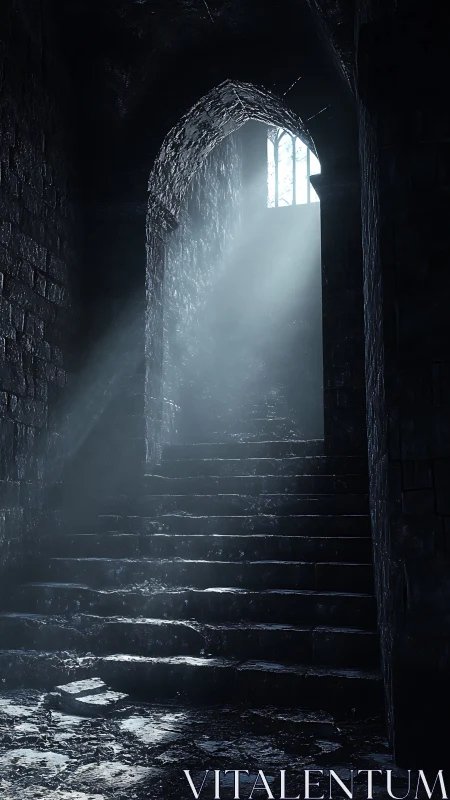 Light pierces a crumbling stone stairway in shadowed ruin.