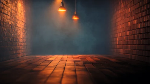 Industrial brick corridor with warm pendant lighting glow.