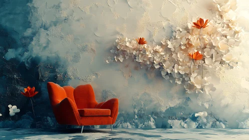 Red armchair positioned before textured floral abstract wall