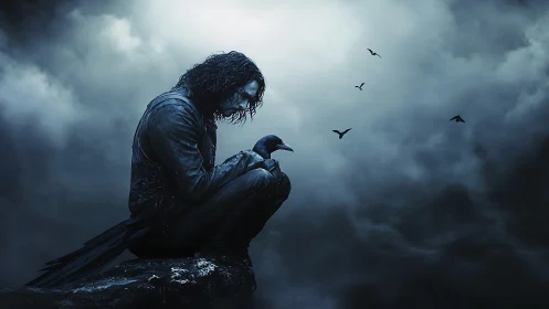 Brooding figure with raven on storm-lashed cliff in cyan gloom.