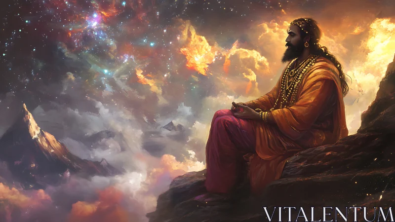 Cosmic sage in meditation above luminous mountain clouds.