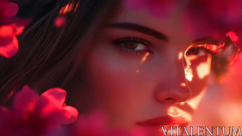 Close portrait shows woman’s face framed by vivid flowers