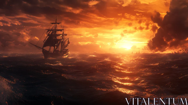 Sailing ship crosses stormlit ocean under blazing sunset sky