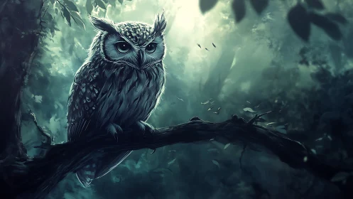 Majestic Owl on Forest Branch, Dreamy Digital Art Illustration.