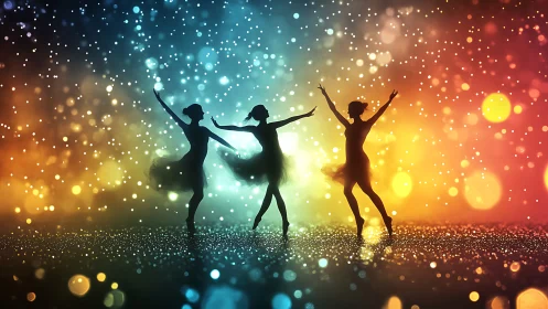 Three joyful ballerinas dance across glowing rainbow lights