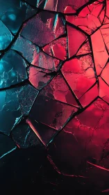 Shattered glass surface under red and cyan directional light.