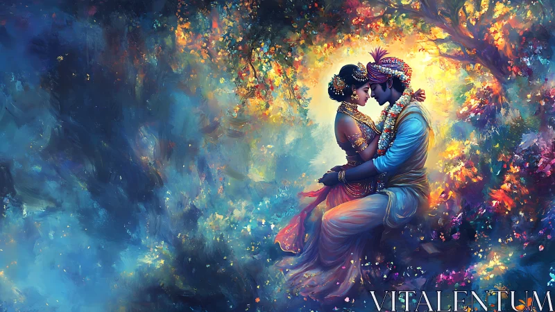 Luminescent Figurative Composition: Embracing Couple Amid Chromatic Floral Abstraction.