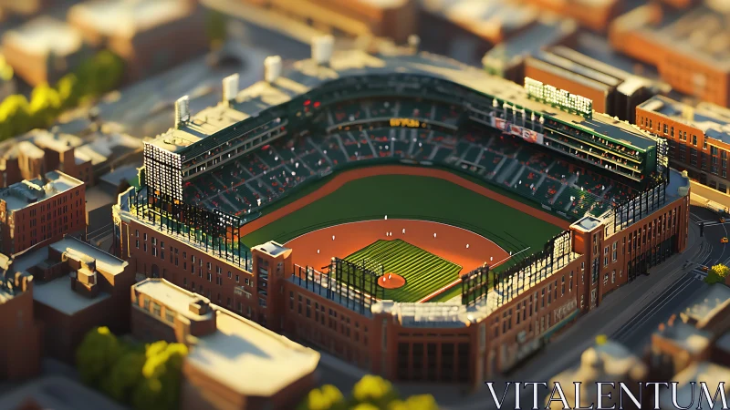 Sunlit baseball stadium model within dense city block.