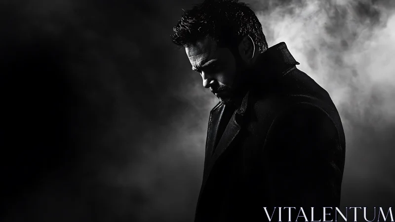 Low key monochrome male portrait in dramatic side lighting