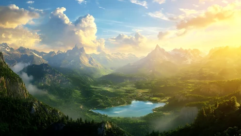 Sunlit mountain valley embracing a calm turquoise lake.