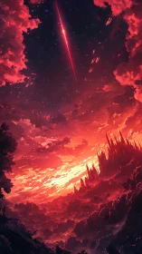 Crimson meteor stitches twilight above the ember citadel