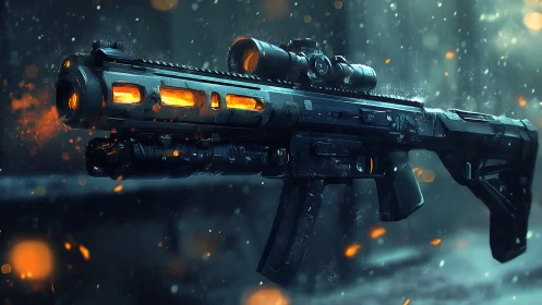 Futuristic energy rifle with glowing barrel in snowstorm.