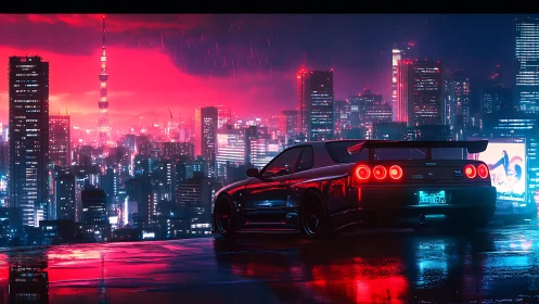 Modified sports car overlooks neon-lit skyline in rainfall
