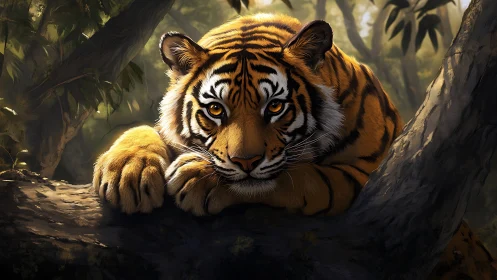 Jungle dusk hushes while a watchful tiger owns the silence