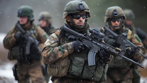 Tactical Squad Advances Through Winter Storm