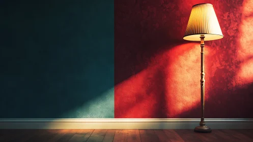 Split-tone interior wall with illuminated brass floor lamp.