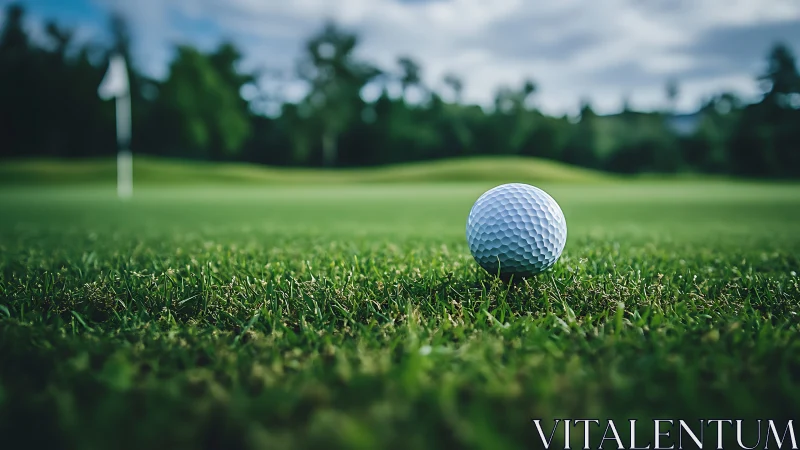 Golf ball in macro focus anchors a shallow-depth fairway study