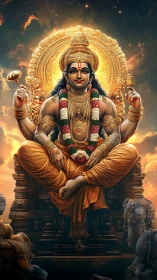 Radiant Hindu deity enthroned amid golden celestial aura.