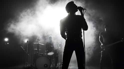 Monochrome stage portrait of rock band in dramatic backlight.