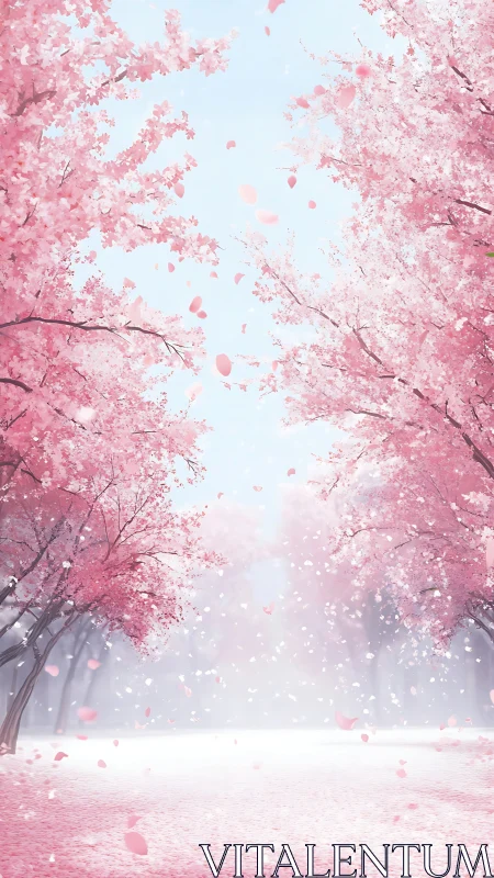 Gentle cherry blossoms drift softly along a pastel pathway