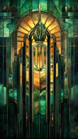 Art deco cathedral window with emerald cosmic landscape.