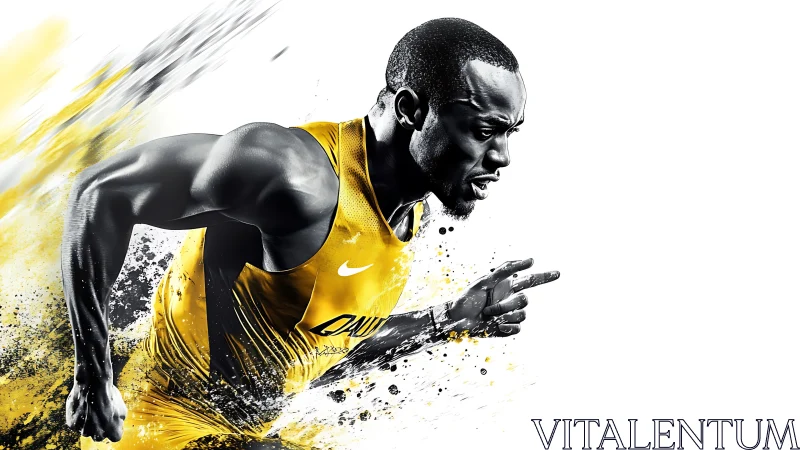 Sprinter in yellow explodes forward with dynamic motion.