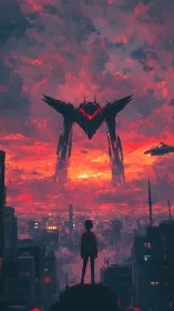 Lone dreamer meets towering mech under a burning sunset sky.