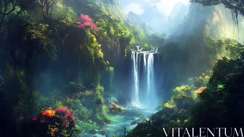 Misty emerald waterfall oasis invites a quiet moment of wonder