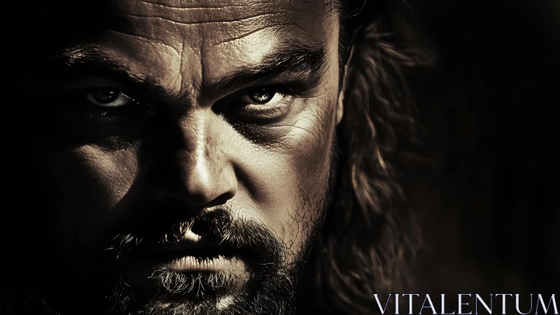 Intense male portrait rendered in high-contrast chiaroscuro lighting