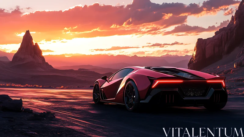 Futuristic red supercar waits on alien desert highway at dusk