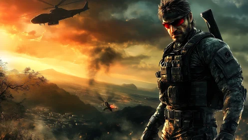 Sunset commando stalks a burning valley under war-torn skies.