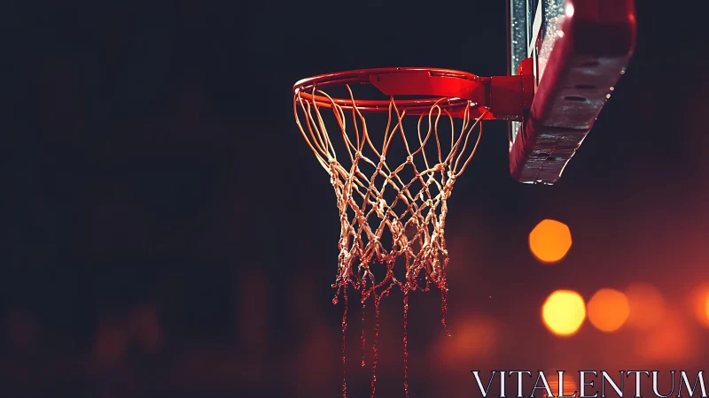 Wet basketball hoop under stadium bokeh lights at night.
