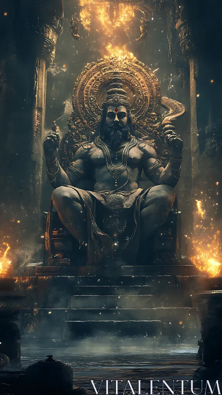 Majestic stone deity seated in glowing, firelit temple hall.