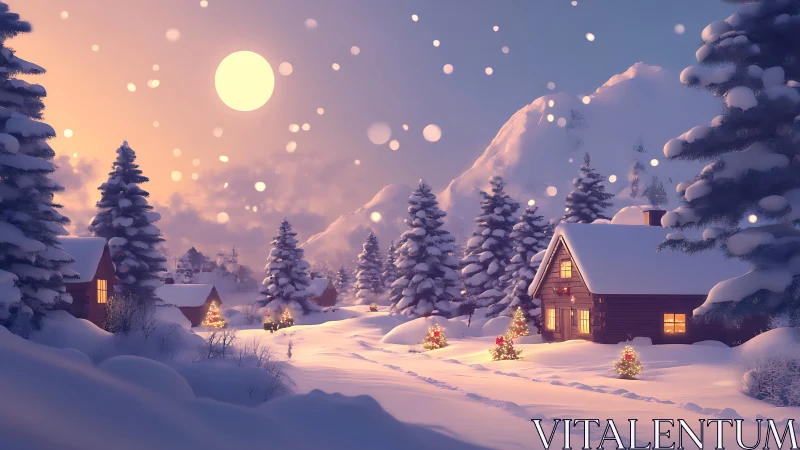 Snow-laden cabins under soft volumetric moonlight in alpine valley
