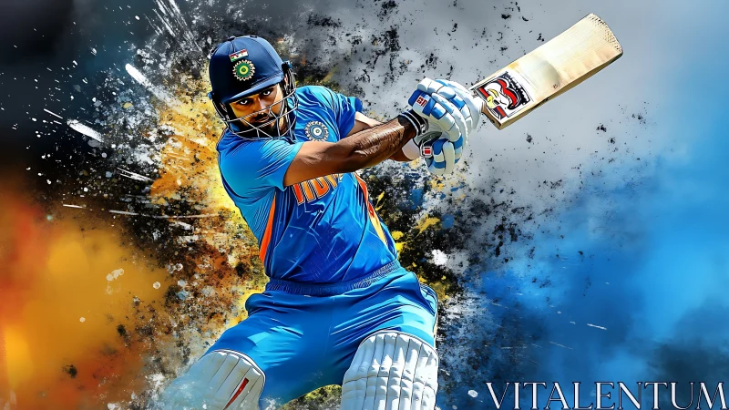 Indian cricket batsman playing aggressive front-foot shot.