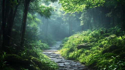 Forest stream flowing through dense woodland canopy