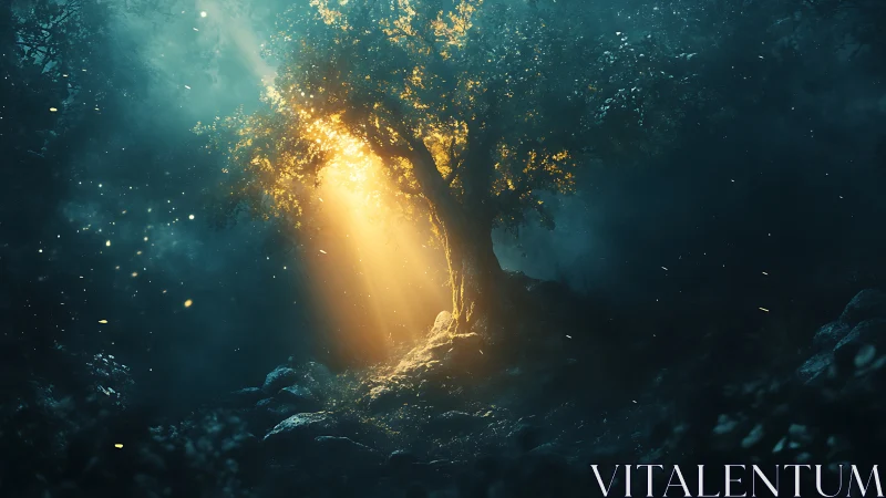 Solitary forest tree illuminated by focused golden light.