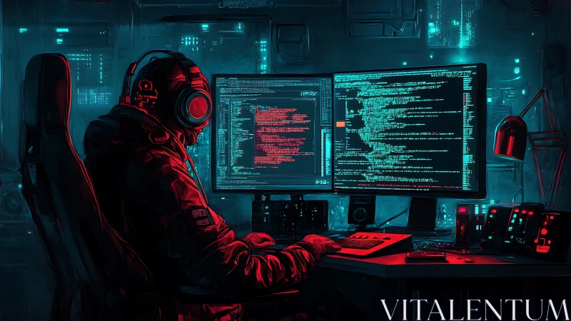 Solitary hacker writes glowing code in a neon cyber lab