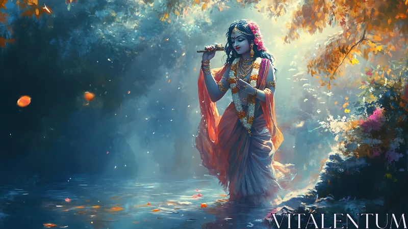 Figure in ornate robes plays flute while walking through water