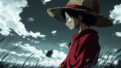 Straw-hatted dreamer stands quiet beneath restless skies.