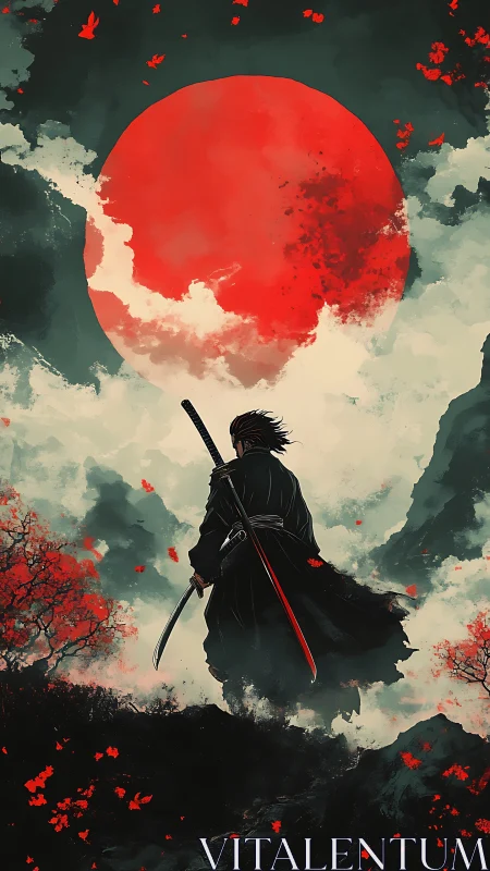 Samurai silhouette stands before oversized red sun in mist