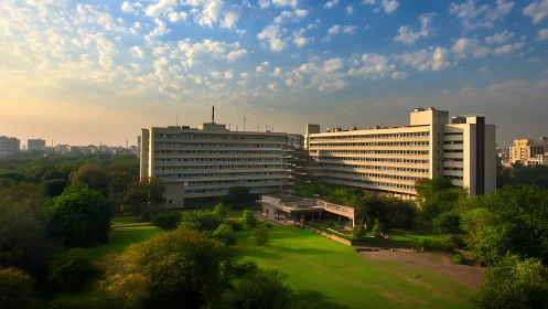 Sunlit campus buildings rise calmly over a green city park