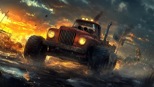 Rusty monster truck charges through fiery storm road.