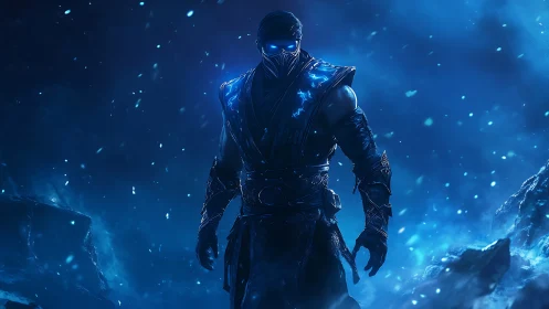 Masked ice warrior in glowing blue storm environment.