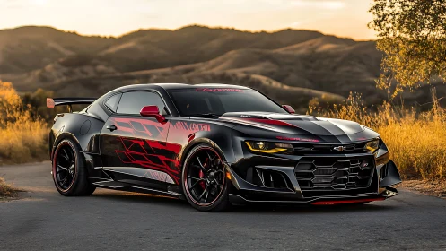 Black track-tuned muscle car with red graphics at sunset.