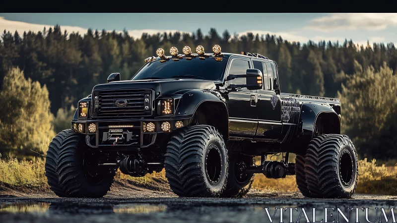 Lifted black monster truck on rugged forest trail.