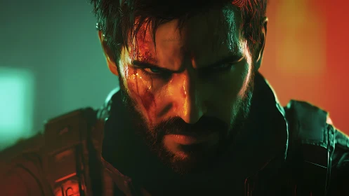 Battle-worn soldier in intense neon cinematic close-up.