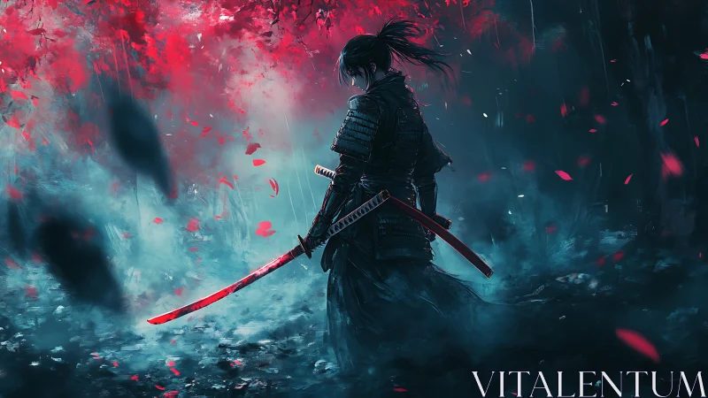 Backlit samurai in misty red forest with dynamic atmospheric scattering