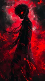 Mysterious red-eyed figure walking through a storm of fire.