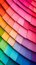 Curved grid of overlapping rainbow panels forms layered arc